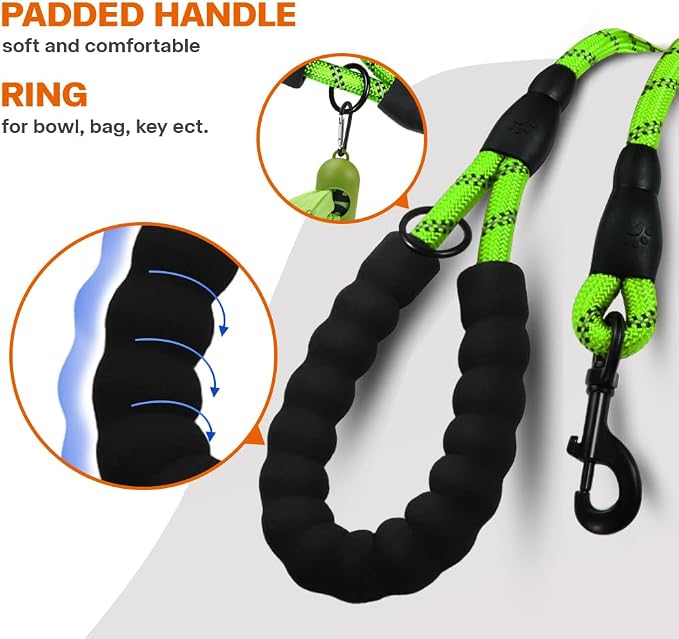Taglory Rope Dog Leash for Medium Large Dogs, 5 FT Padded Handle, Green | Climbing Rope for Strong Pullers, Reflective for Night Walks and Training, Comfortable Grip, Anti-tangle Swivel Clip 1/2 inch