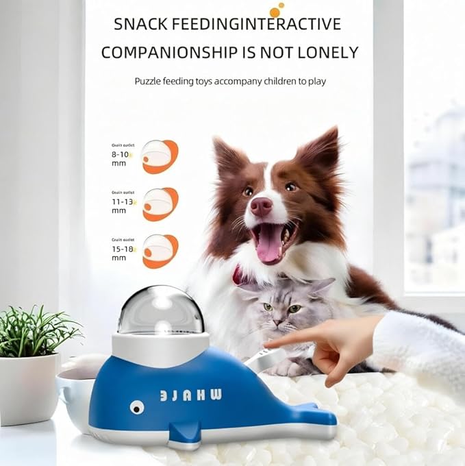 Interactive Dog Treat Dispenser Toy, Whale Shape Puzzle Feeder with Press Button and Rotating Design, Blue and White, Slow Feeding Game for Dogs and Cats