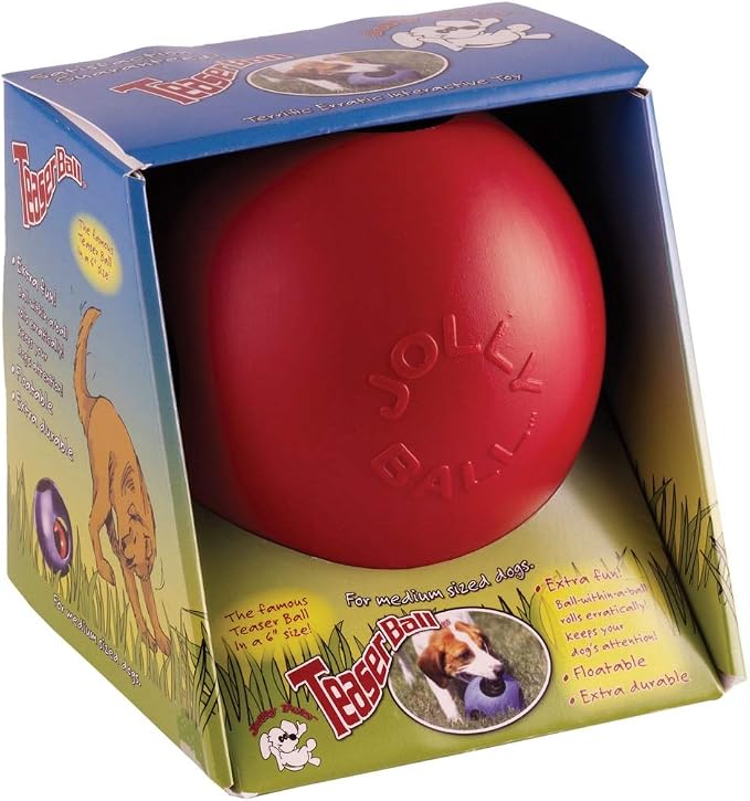 Jolly Pets Teaser Ball Interactive Dog Toy, 6 in Medium, Blue | Ball-within-a-ball puzzle toy that floats - add peanut butter to the inner ball for extra fun