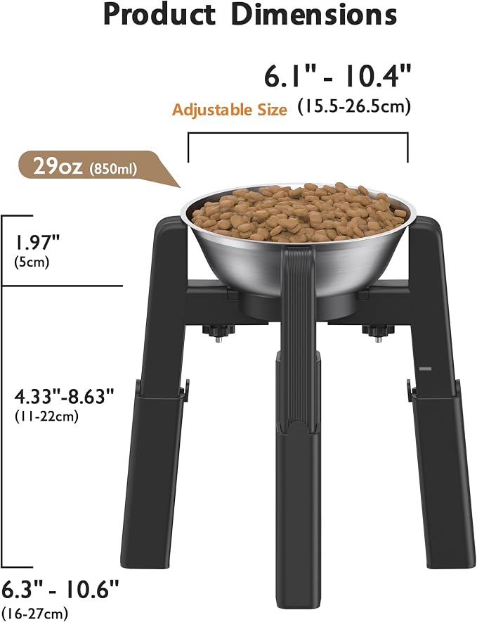 CZPET Dog Bowl Stand, 51 oz Large Capacity Raised Elevated Dog Food/Water Stainless Steel Feeder, Size and Height Adjustable & Anti-Slip Stand for Medium Dogs (2 Pack)