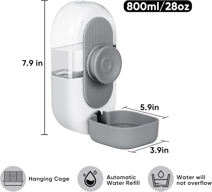 Lemtrflo 28oz Hanging Automatic Water Dispenser，Rabbit Water Bottle,Bunny Guinea Pig Ferret Water Bowl for Cage,Suitable for Small Animal Puppies(Cage Grid Spacing Over 1.2'') (Gray)