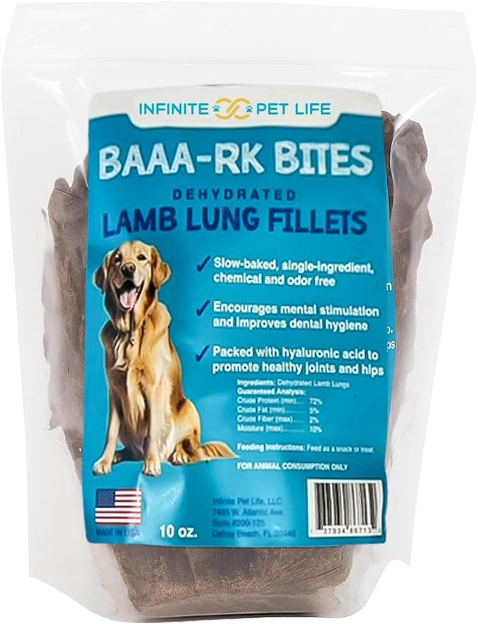 Infinite Pet Life BAAA-RK Bites Lamb Lung Dog Treats | 10oz | Made in USA | Dehydrated Lungs for Dogs