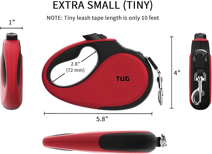 TUG Tiny Retractable Dog Leash, 10 ft (Extra Small, Red) | 360° Tangle-Free Retraction, 10 ft Tape, Quick Thumb Lock, Anti-Slip Handle, For Pets Under 26 lbs