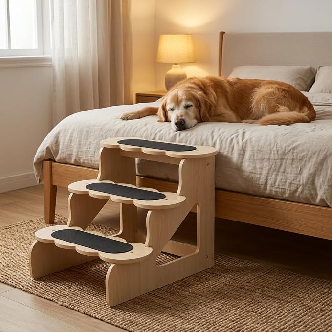 Wood Dog Stairs 22⅞" D x 17½" W x 16½" H,YellowMaple Pattern | Trainer-Recommended Wood Ramp Steps – Sturdy Support for Small & Senior Dogs