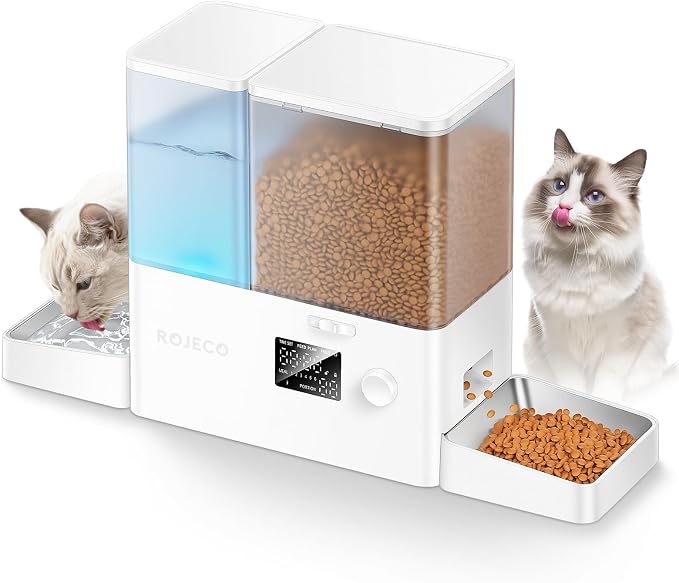 ROJECO Automatic Cat Feeder and Water Dispenser,36Cups/8.5L 2-in-1 Stainless Steel Bowls Large Capacity Cat Food Dispenser and Gravity Water Fountain for Cats Small Dogs Puppies Kittens Pets