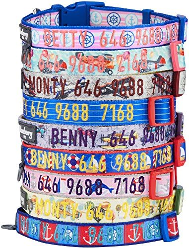Blueberry Pet Essentials 8 Patterns Personalized Dog Collar, Nautical Navy Sailor, Medium, Adjustable Customized ID Collars for Medium Dogs Embroidered with Pet Name & Phone Number