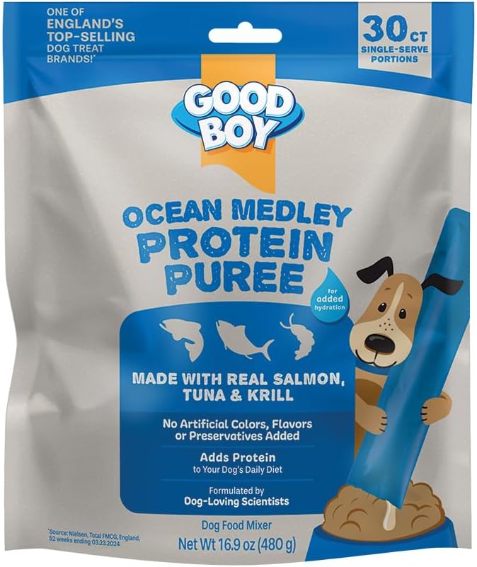 Good Boy Ocean Medley Protein Purees Dog Food Mixers for All Adult Dogs, 30 Count, Easy Single-Serve Triple Flavor Topper Treats with Salmon, Tuna and Krill