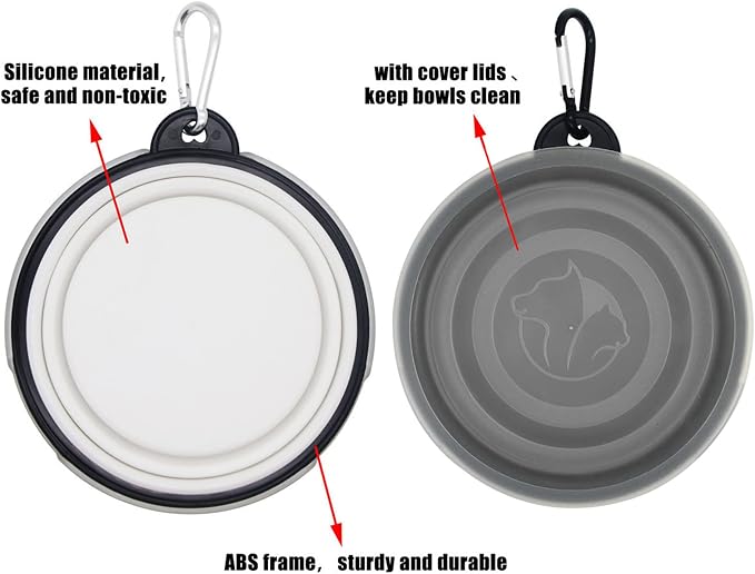 Collapsible Dog Bowl, 2 Pack, with Lids, Black+White, Small
