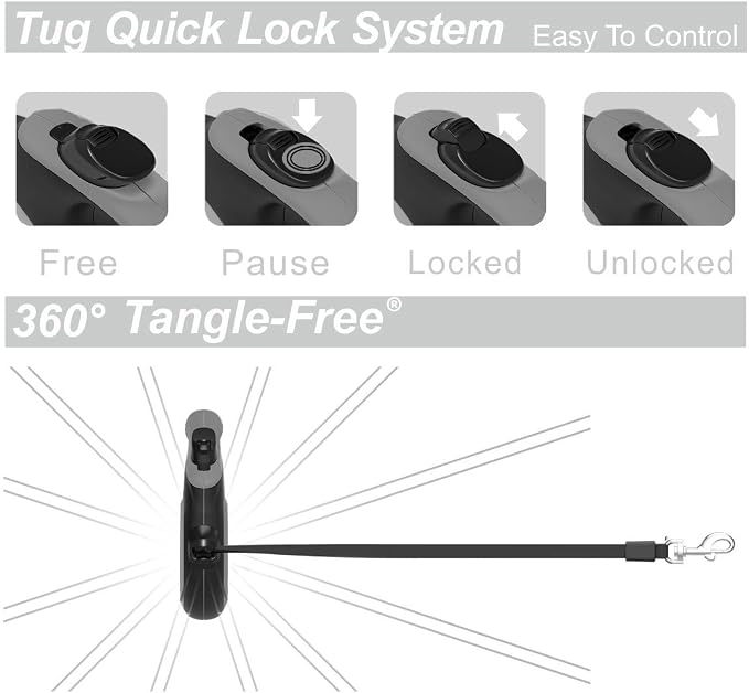 TUG Original Retractable Dog Leash, 16 ft (Large, Grey) | 360° Tangle-Free Retraction, 16 ft Tape, Quick Thumb Lock, Anti-Slip Handle, For Dogs Under 110 lbs