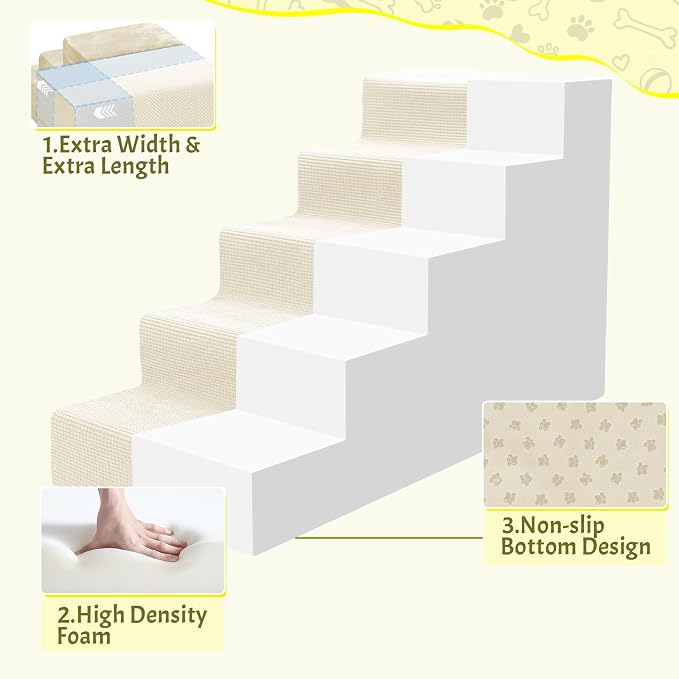Niubya Dog Stairs for Small Dog and Cats,23”H Non-Slip Bottom Pet Steps for High Beds and Couch,Extra Wide High-Density Foam Pet Stairs White,5 Steps