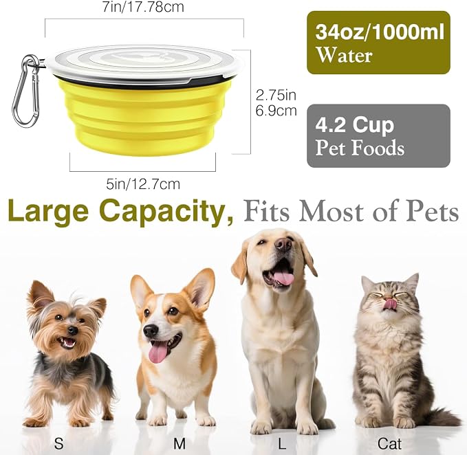 Pawaboo Collapsible Dog Bowls, 2 Pack, 1000ml, Yellow+Black