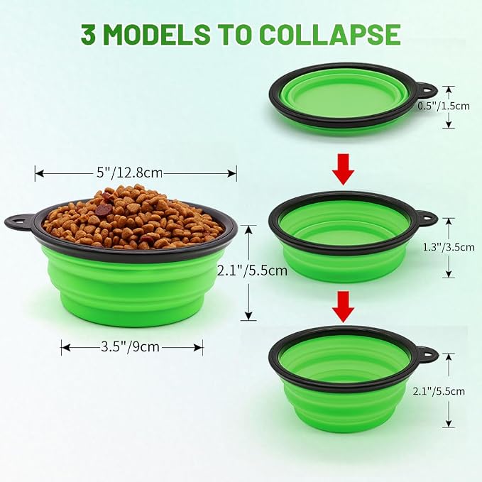 Dog Bowl Collapsible, 2 Pack, with Carabiners, Small, Blue+Green