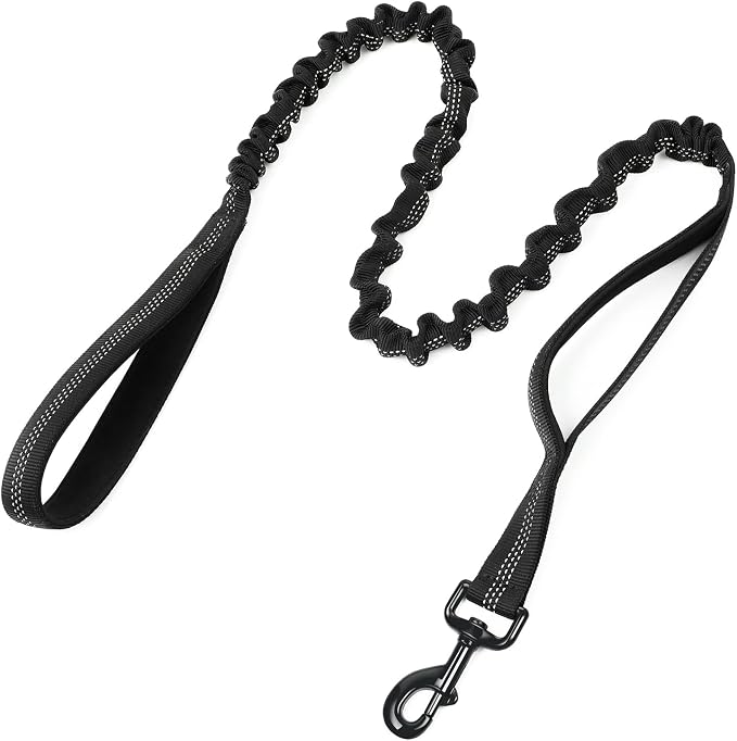 rabbitgoo Tactical Dog Leash, Heavy Duty Training Bungee Lead | Military Leash with 2 Padded Control Handles for Medium Large Dogs, No Pull for Shock Absorption, Reflective, Black, 5.2FT