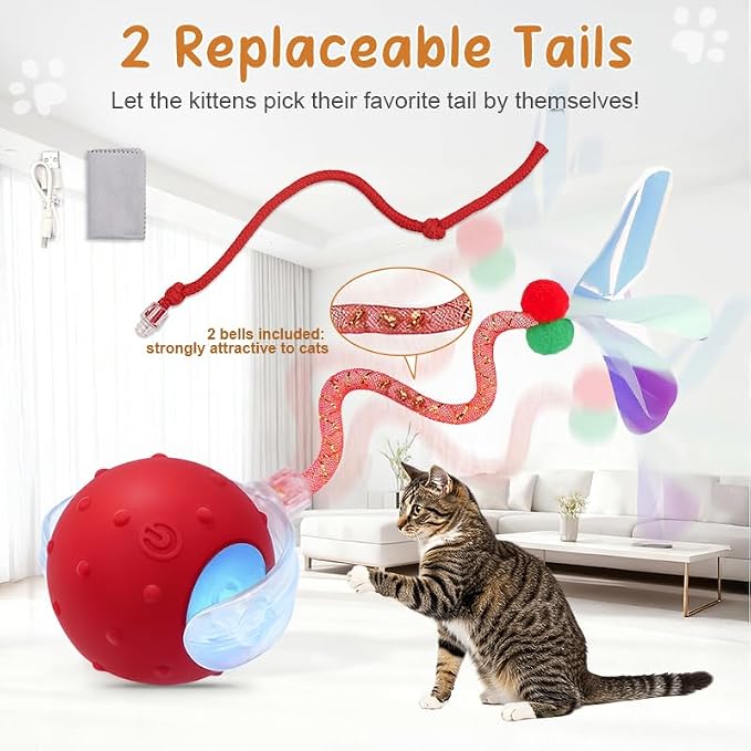 Interactive Cat Ball Toy, Motion Activated Electric Rechargeable Cat Toy | Interactive Mode, Fast&Slow Mode, Standby Mode Save Power, 2 Tails, Chirping, Self Play Toy for Bored Indoor Cats & Kittens