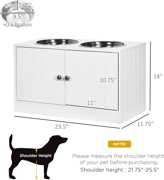 PawHut Large Elevated Dog Bowls with Storage Cabinet Containing Large 44L Capacity, Raised Dog Bowl Stand Pet Food Bowl Pet Feeding Station, White