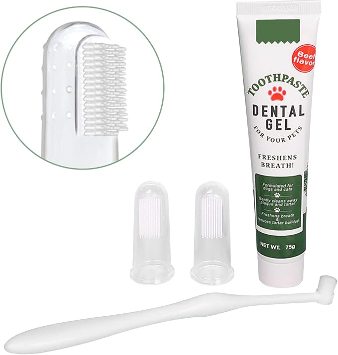 Pet Toothbrush Toothpaste Kit Dog Teeth Cleaning Cat Teeth Cleaning Dental Care Kit Pet Finger Toothbrush, Reduce Plaque & Tartar Buildup, Beef Flavor