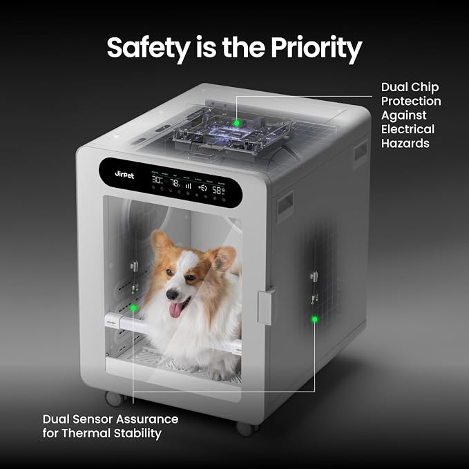 JirPet Pet Dryer Box, 170L Professional Dryer Cabin with Multi-Layer Safety | 3 DC Motors with 1295 CFM Airflow, Pet-friendly 56dB Low Noise, Auto Temp & Humidity Control, Efficient Drying for Medium Dog