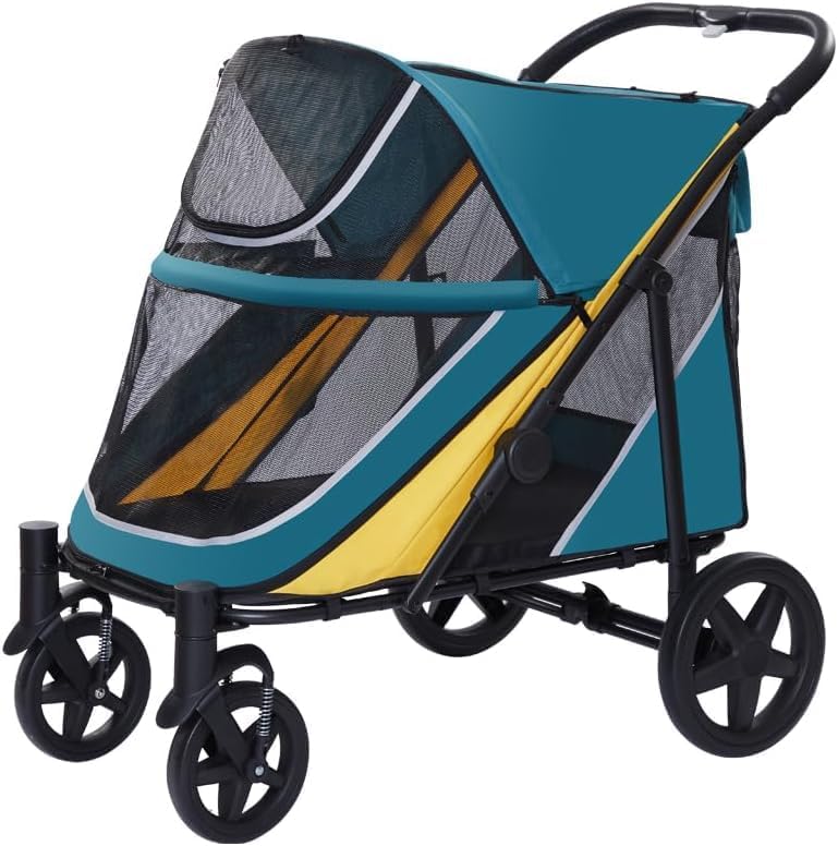 Large Dog Stroller - Green-Yellow, up to 88lbs, 4-Wheel All-Terrain