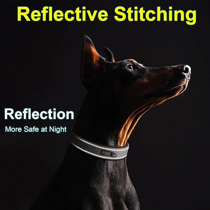 Fida Heavy Duty Dog Collar for Large Dogs with Metal Belt Buckle, Grey | 1.5" Width, Soft Neoprene Padded, Thicker Nylon Webbing, Adjustable Fit, Reflective Stitching for Night Safety