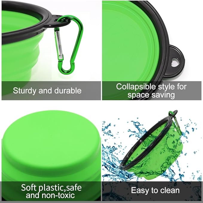 Dog Bowl Collapsible, 2 Pack, with Carabiners, Small, Blue+Green