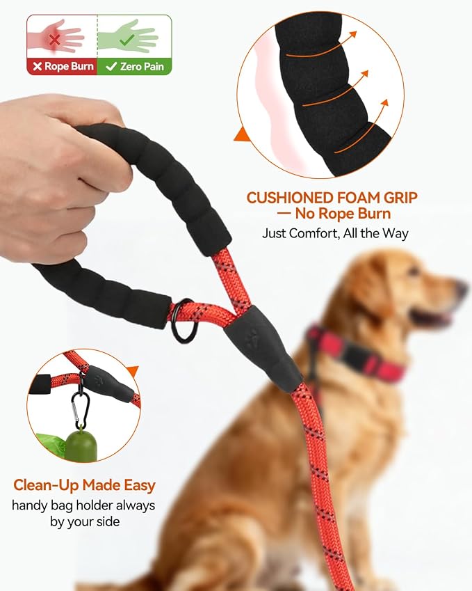 Joytale Rope Dog Leash for Medium Large Dogs, Padded Handle, 6FT, Red | Reinforced Nylon Webbing, Comfort Grip Eases Hand Strain, Swivel Clip Prevents Tangles, Visible at Night, for Outdoor Walks