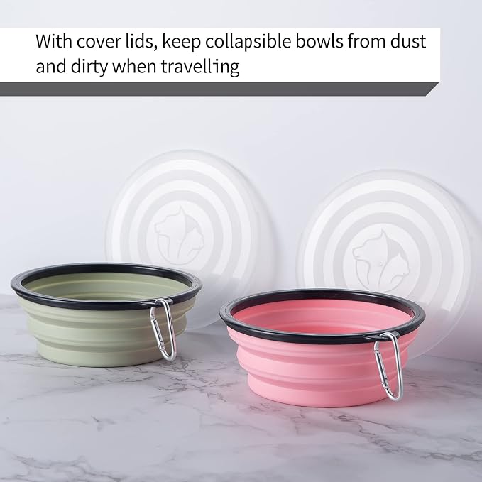 SLSON Dog Bowls Collapsible with Cover Lids, 2 Pack, Fairy Pink and Sprout Green, Large