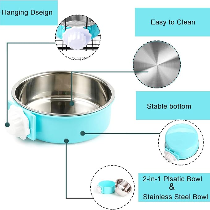 HERCOCCI Dog Crate Bowls, Removable Stainless Steel Pet Kennel Cage Hanging Food Bowls and Water Feeder Coop Cup Prevent Overflow for Puppy, Medium Dog, Cat, Rabbit, Ferret (3PCS)