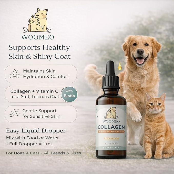 Liquid Collagen for Dogs & Cats with Hyaluronic Acid, Biotin & Vitamin C – Pet Collagen Supplement Drops, Bacon Flavor, Skin & Coat Support, Easy Liquid Dropper, 4 fl oz