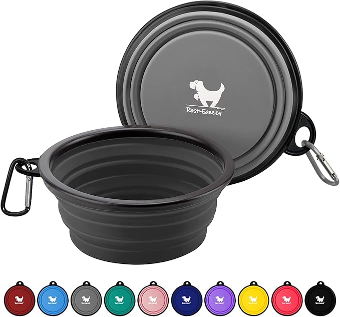 Collapsible Dog Bowls, 2 Pack, with Carabiners, Grey & Black, Medium