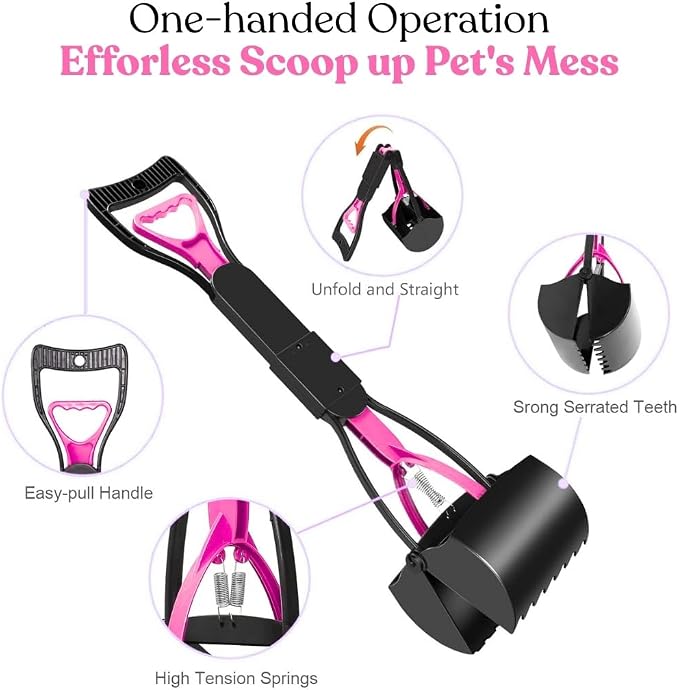 Pooper Picker - No Touch Dog Pooper Picker with Eco-Friendly Poop Bag | Pooper Scooper with Long Handle Durable Spring & Lightweight | Non-Breakable Pet Scooper for Lawn/Grass (Pink)