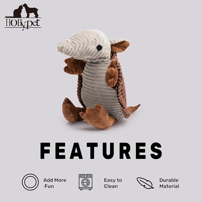 Hollypet Armadillo Squeaky Dog Toys for Medium Large Dogs, 14" | plush stuffed large dog squeak animal toy with unique grunt squeaker textured fabric for teeth cleaning toys
