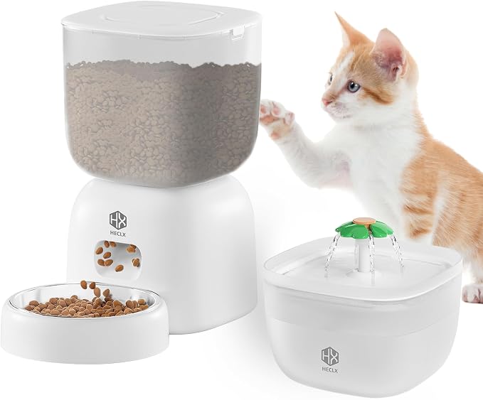 HX HECLX Automatic Cat Feeder with 3L Dry Cat Food Dispenser and 2L Water Fountain, Timed Dog Feeder with Portion Control and Daily Meals, Wire/Battery Automatic Feeders, White
