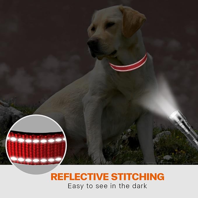 Taglory 18"-28" Length, 1 1/4" Wide Dog Collar and Leash Set, 1/2" x 6 FT Highly Reflective Threads Dog Leash for Large Dogs,Red