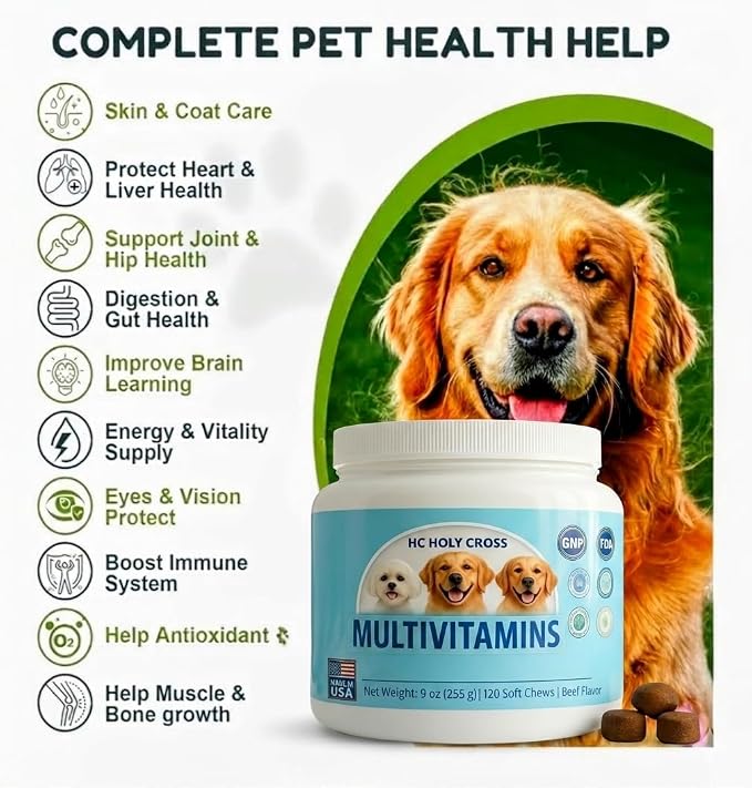 24-in-1 Dog Multivitamin Soft Chews for Dogs - Hip and Joint Supplement with Glucosamine, Chondroitin, Probiotics & Omega 3 - Immune Support, Skin & Coat Health - 120 Count - Beef Flavor