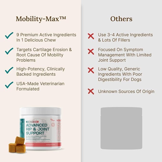 Mobility Max Dog Hip and Joint Supplement with Glucosamine, Chondroitin, MSM & Vitamin C – Hip and Joint Chews for Dogs – 9-in-1 Advance Formula – 60 Bacon Chews for Active & Senior Dogs, 240g