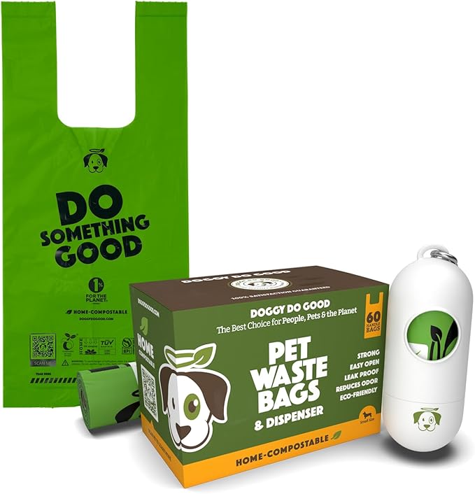 Doggy Do Good - 60 Count, Small Size - Heavy Duty Poop Bags for Small Dogs with Handles & Dispenser - Dog Waste Bags Made from 38% Vegetable-Based Materials - Landfill-Friendly, Unscented, Leak-Proof