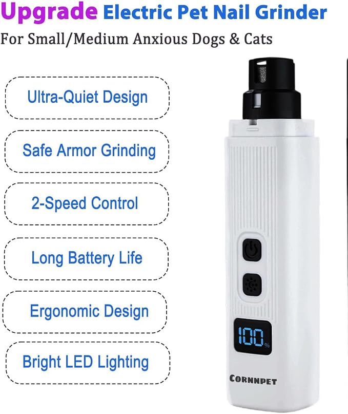Electric Dog & Cat Nail Grinder with 2 LED Lights, 30dB Quiet, White