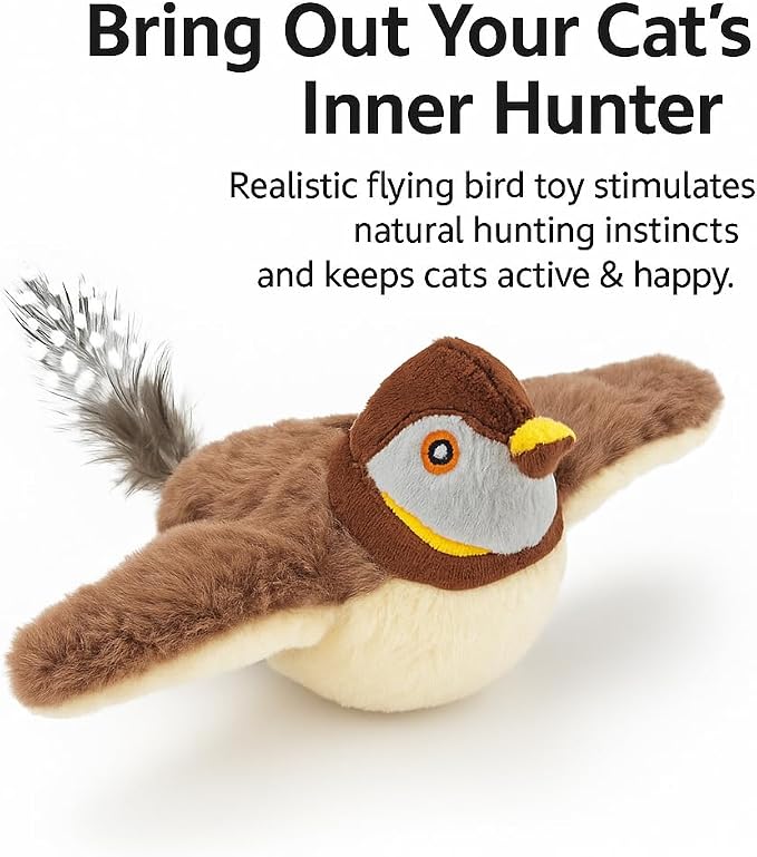 Flapping Bird Cat Toy, White Faced Sparrow | No Flying, Chirping, With Catnip, Rechargeable, For Indoor Cats