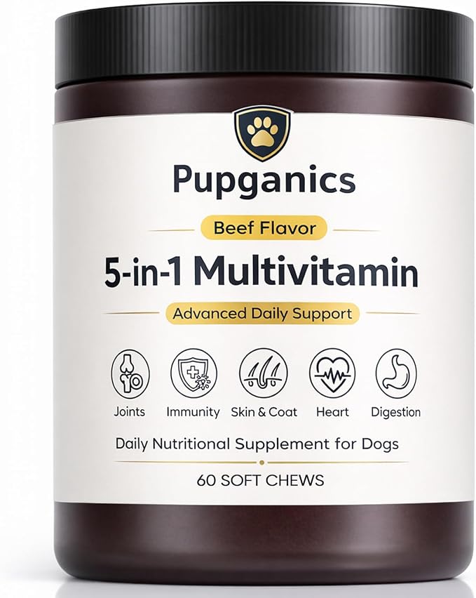 Pupganics Multivitamin Daily Soft Chews for Dogs, Pupganics 5 in 1 Multivitamin, Vitamin & Probiotics for Skin & Hair, Heart Health, Immune Support, Beef Flavor, 60 Soft Chews (1 PCS)