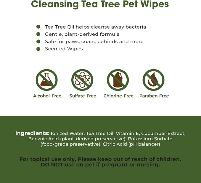 Best Pet Supplies Pet Grooming Wipes for Dogs & Cats, Tea Tree