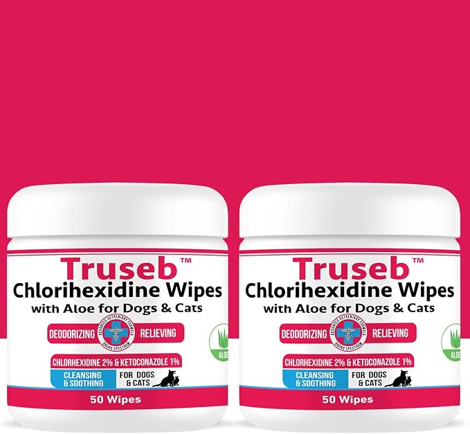 Pet Health Pharma Truseb Topical for Dogs, Cats and Horses - with Aloe for Cleansing (Ketoconazole & Chlorhexidine Wipes, 100 Count)