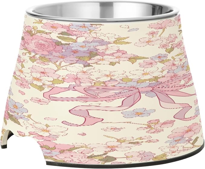 Blueangle Elevated Dog Bowls with Stainless Steel - Non-Slip 2.3 Cup High Capacity Pet Dish for Spinal Health & Cherry with Bow Design（14）