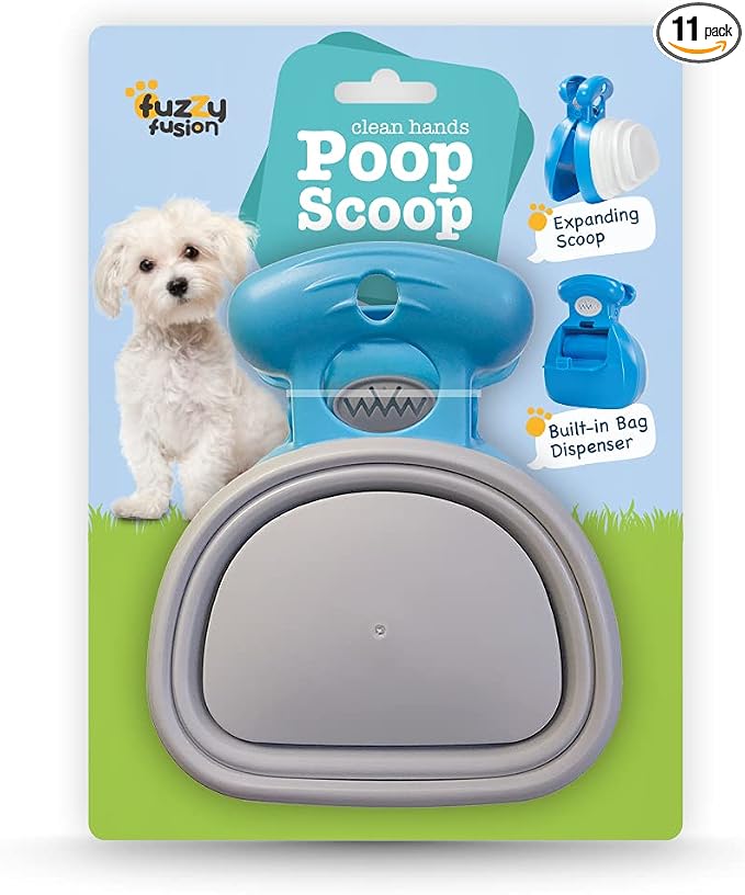 Dog Poop Scoop with Waste Bag Dispenser - BLUE, 10 Refill Bags and Expandable Silicone Body - Compact Portable Design for Easy Storage by Fuzzy Fusion (A Grand Fusion Company) (Blue)