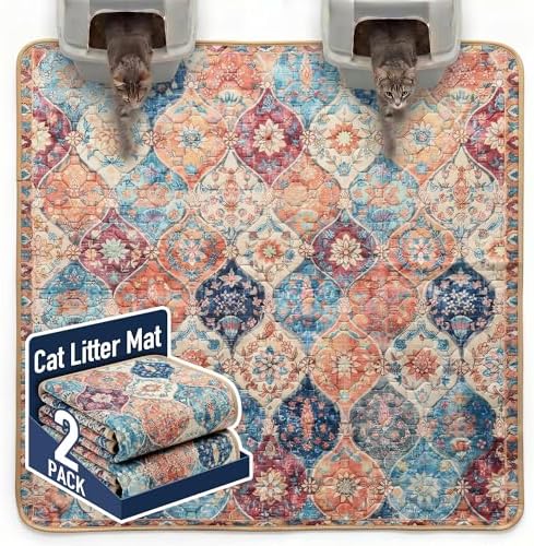Hompet Cat Litter Mat 2 Pack, 72x72 Large Machine Washable Trapping Mats for Cats, Super Absorbent & Urine-Proof Cat Litter Box Mat for Floor, Waterproof & Non Slip Kitty Litter Rug