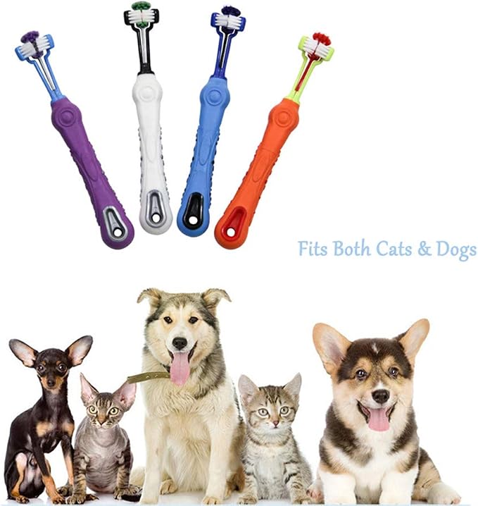 Orgrimmar 4 Pcs 3-Sided Pet Toothbrush Dog Cat Mouth Dental Teeth Care | Pet Brush for Bad Breath Tartar Cleaning