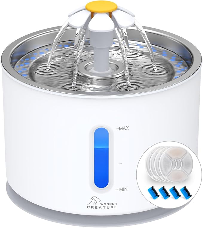 Wonder Creature Cat Water Fountain with Stainless Steel Lid, 2.4L/81oz Automatic Cat Fountain with 4 Filters & 4 Sponges, LED Light and Water Level Window for Cats and Dogs