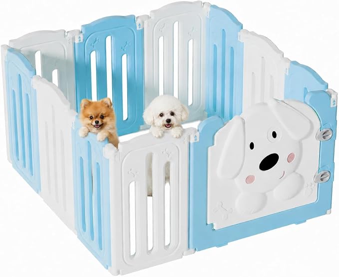 Puppy Play Pen for Indoors, Foldable Puppy Playpen With Cute Dog Shape Door, Puppy Playpen for Indoor Small Dogs, 25.5" H 10-Panel Adjustable Puppy Craten for Living Room and Bedroom(Blue&White)
