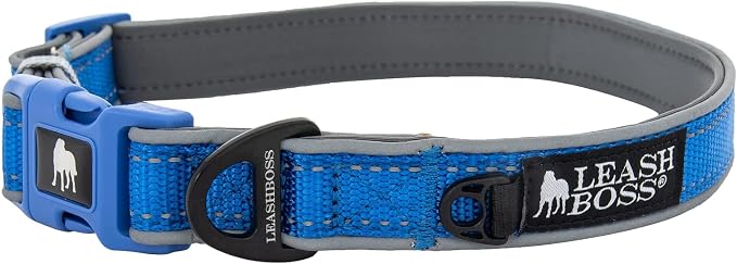 Leash Boss Adjustable Reflective Dog Collar, Quick-Release Buckle and Reflective Piping and Threads for Small, Medium and Large Dogs (Large - Blue 16.5-25" Neck x 1" Wide)