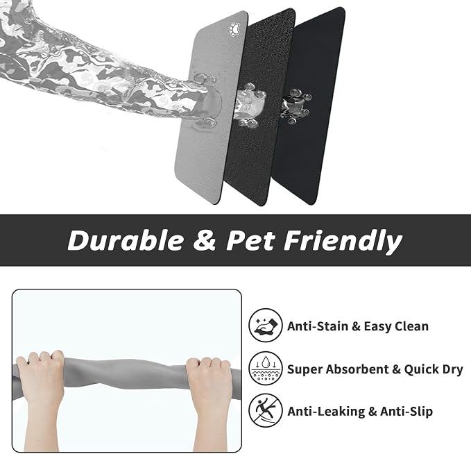 HotLive Dog Food Mat - Absorbent Cat Mat for Food and Water, No Stains Pet Feeding Bowl Mat, Easy to Clean Pet Placemats, Quick Dry Dog Water Dispenser Mat for Messy Drinkers | Paw Grey 16"x 24"