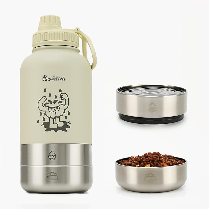 34oz Dog Water Bottle, Stainless Steel Dog Water Bottle Dispenser with Detachable Food & Water Bowls, Keeps Water Hot/Cold, for Walking, Hiking, Camping(Cream)
